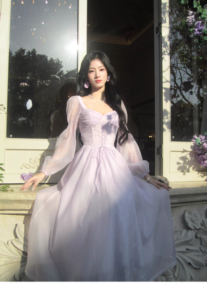 Sweet Lavender Tulle Lace A Line Long Party Dress Birthday Prom Dresses SP1500