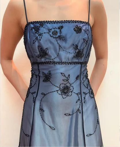 Gorgeous Spaghetti Straps Blue Tulle Beaded Mermaid Eevening Dress Long Birthday Party Gown