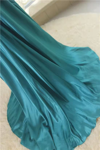 Vintage Strapless Teal Satin Beaded Mermaid Long Party Dress Birthday Prom Dress SP1689