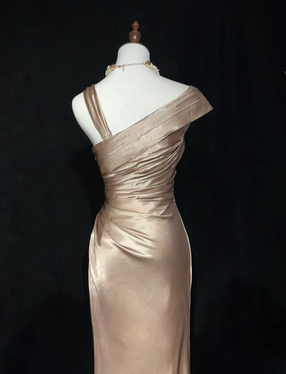 Vintage Champagne Satin Pleated Mermaid Long Birthday Prom Dress Evening Gown SP1962