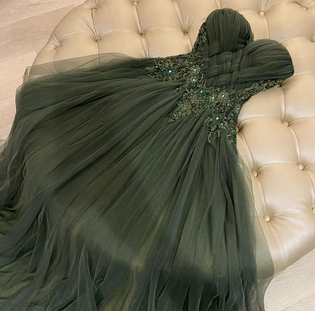 Vintage Green Strapless Tulle Beaded A Line Long Wedding Guest Dress Formal Party Dress SP1565