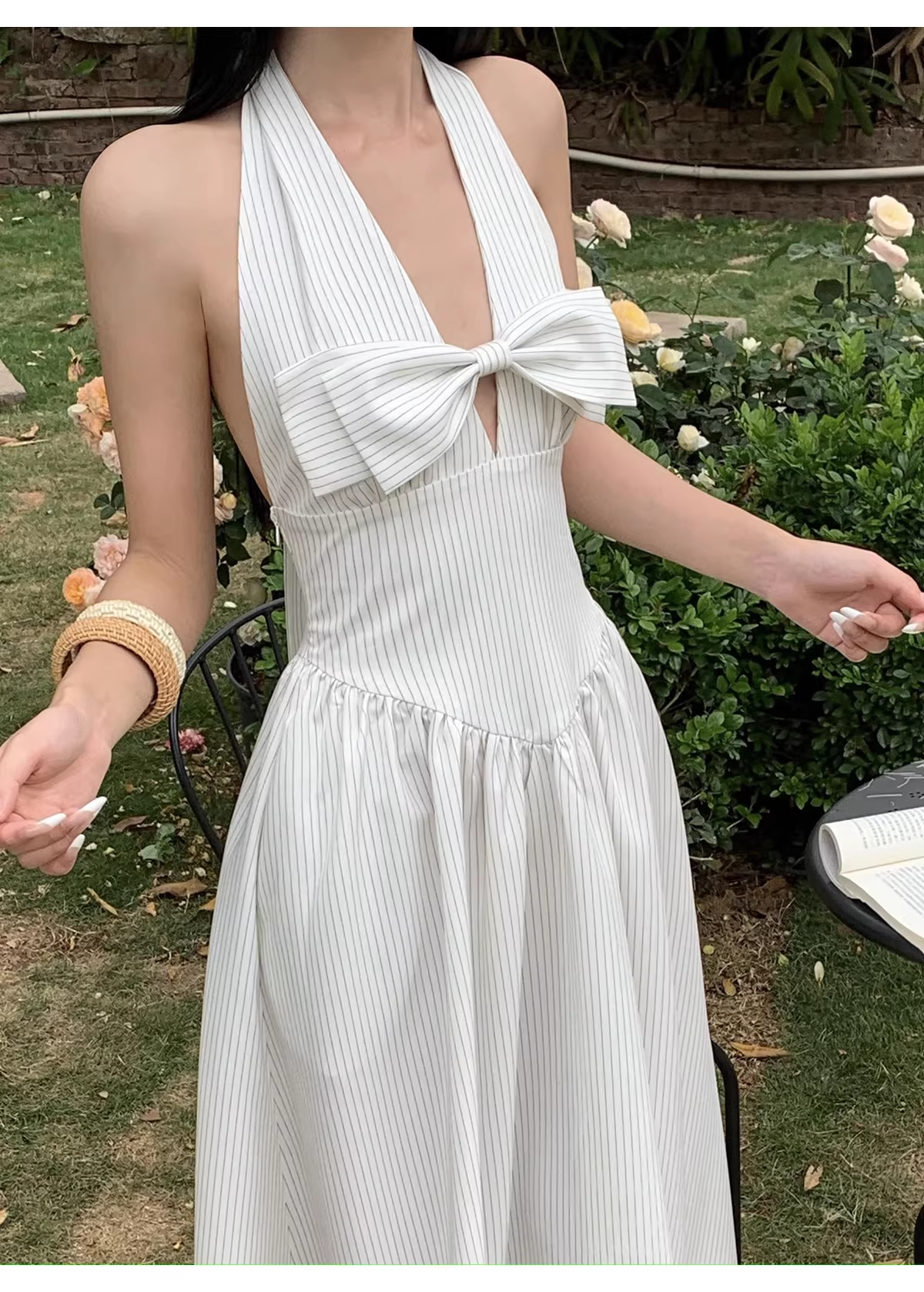 Cute Halter A-Line Black White Striped Butterfly Bow V-Neck Long Evening Dress Birthday Party Gown