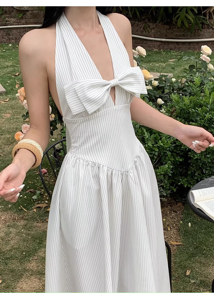 Cute Halter A-Line Black White Striped Butterfly Bow V-Neck Long Evening Dress Birthday Party Gown