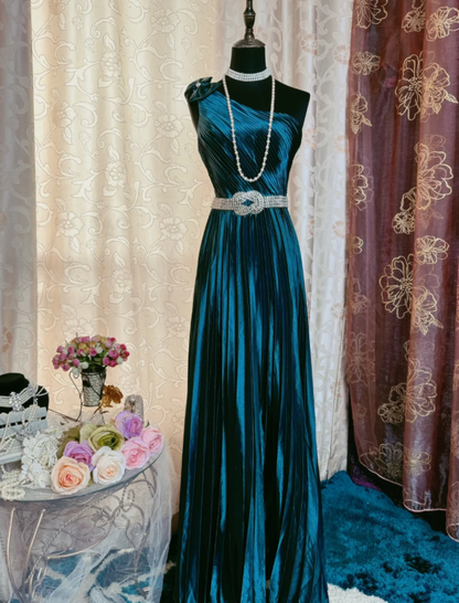 Vintage One Shoulder Peacock Blue Satin Pleated Beaded A Line Long Party Dress Prom Gowns SP1950