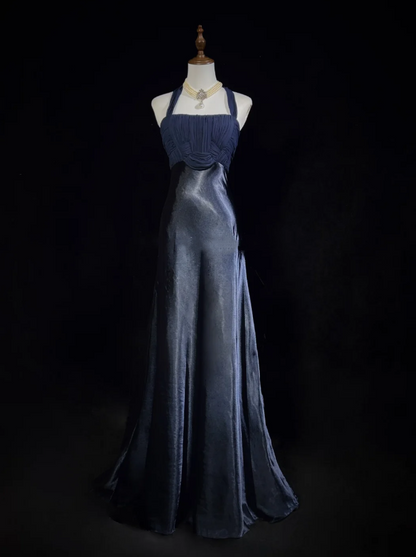 Classy Halter Navy Blue Satin Mermaid Long Wedding Guest Dress Party Dress Prom Gown SP1280