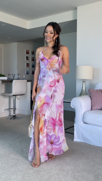 Beautiful Chiffon Print Floral Ruffles Evening Dress,Slit Long Prom Party Gown cc2543