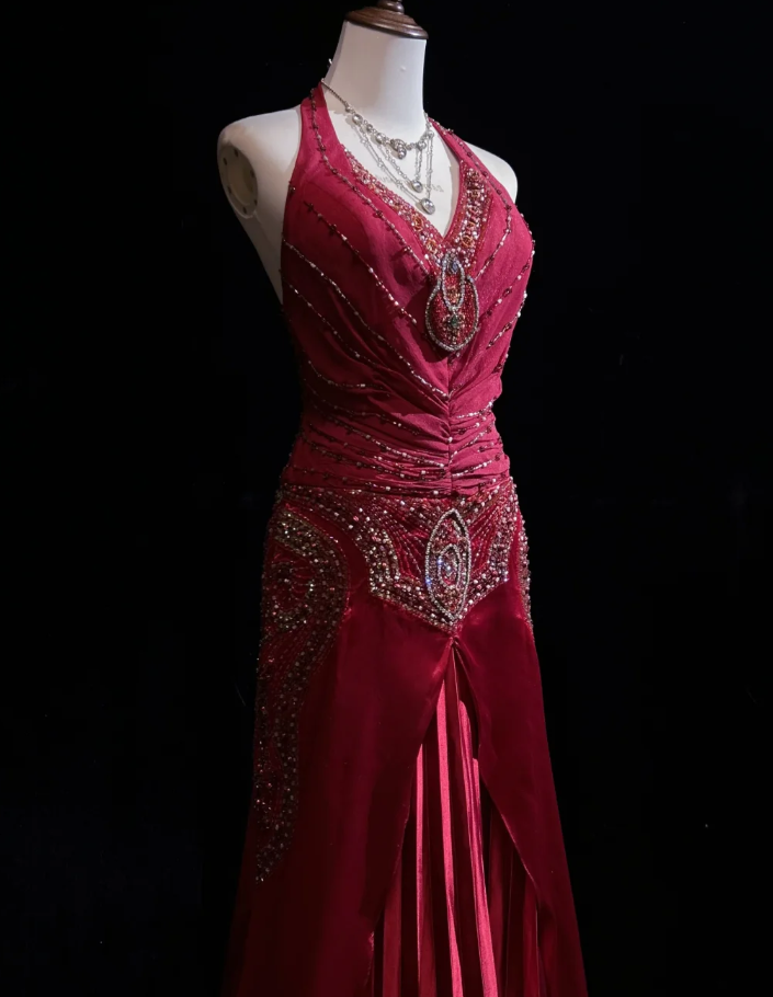 Elegant Halter V Neck Red Satin Beaded Mermaid Prom Dress Long Backless Birthday Party Gowns SP1862
