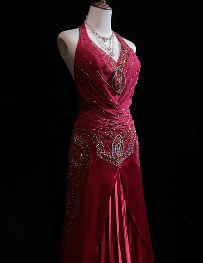 Elegant Halter V Neck Red Satin Beaded Mermaid Prom Dress Long Backless Birthday Party Gowns SP1862