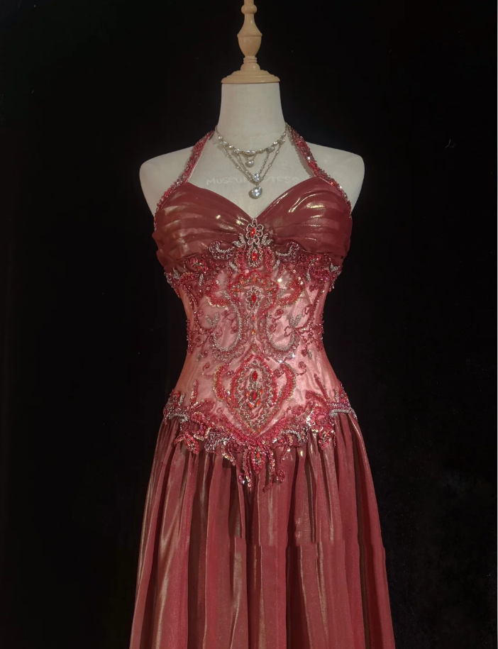 Retro Halter Satin Beaded A Line Long Wedding Guest Dress Formal Birthday Prom Dress Evening Gown  SP1440