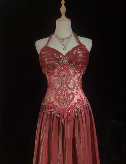 Retro Halter Satin Beaded A Line Long Wedding Guest Dress Formal Birthday Prom Dress Evening Gown  SP1440