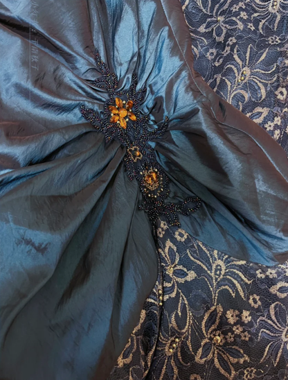 Vintage Navy Blue Strapless Satin Lace Beaded Mermaid Long Evening Dress Birthday Party Gown