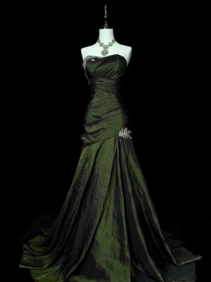 Vintage Brown Strapless Beaded Satin Mermaid Long Wedding Guest Dress Birthday Party Dress Evening Gown