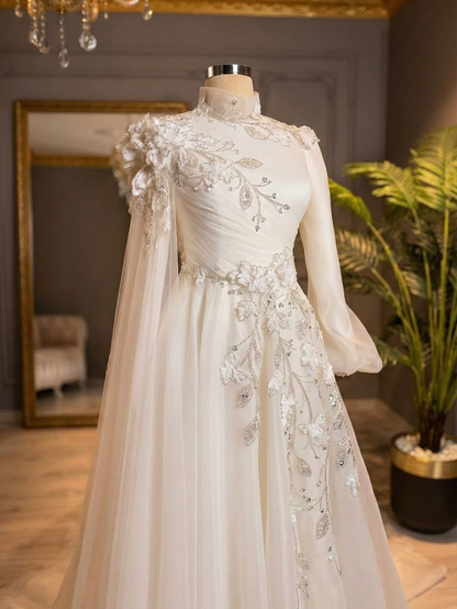 Charming White Tulle Beaded Appliques Long Wedding Dress SP1313
