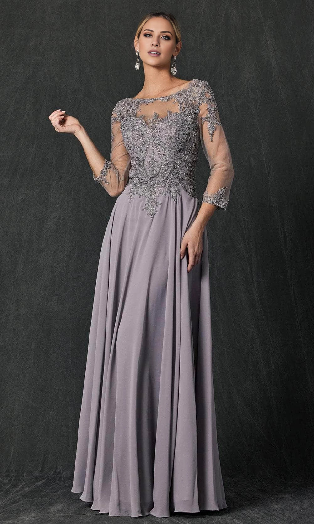 Illusion collar long sleeved lace and floor length mother of the bride dress