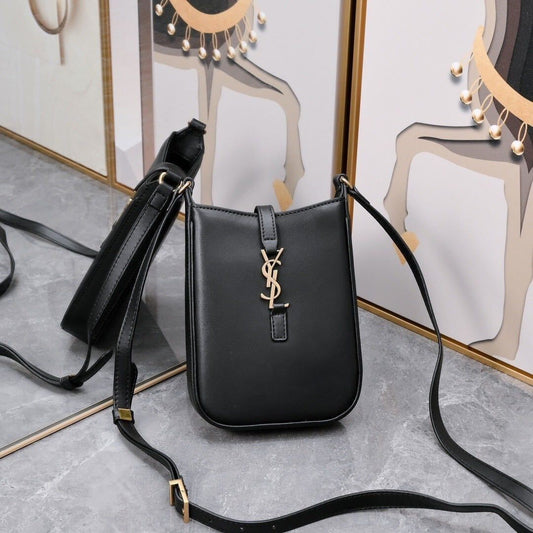 Saint Laurent Le 5 A 7 Mini Vertical In Shiny Leather With Bronze Metal In Black 19cm
