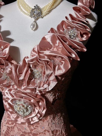 Pretty Pink V Neck Lace Mermaid Birthday Prom Dress Long evening Dress Party Gown