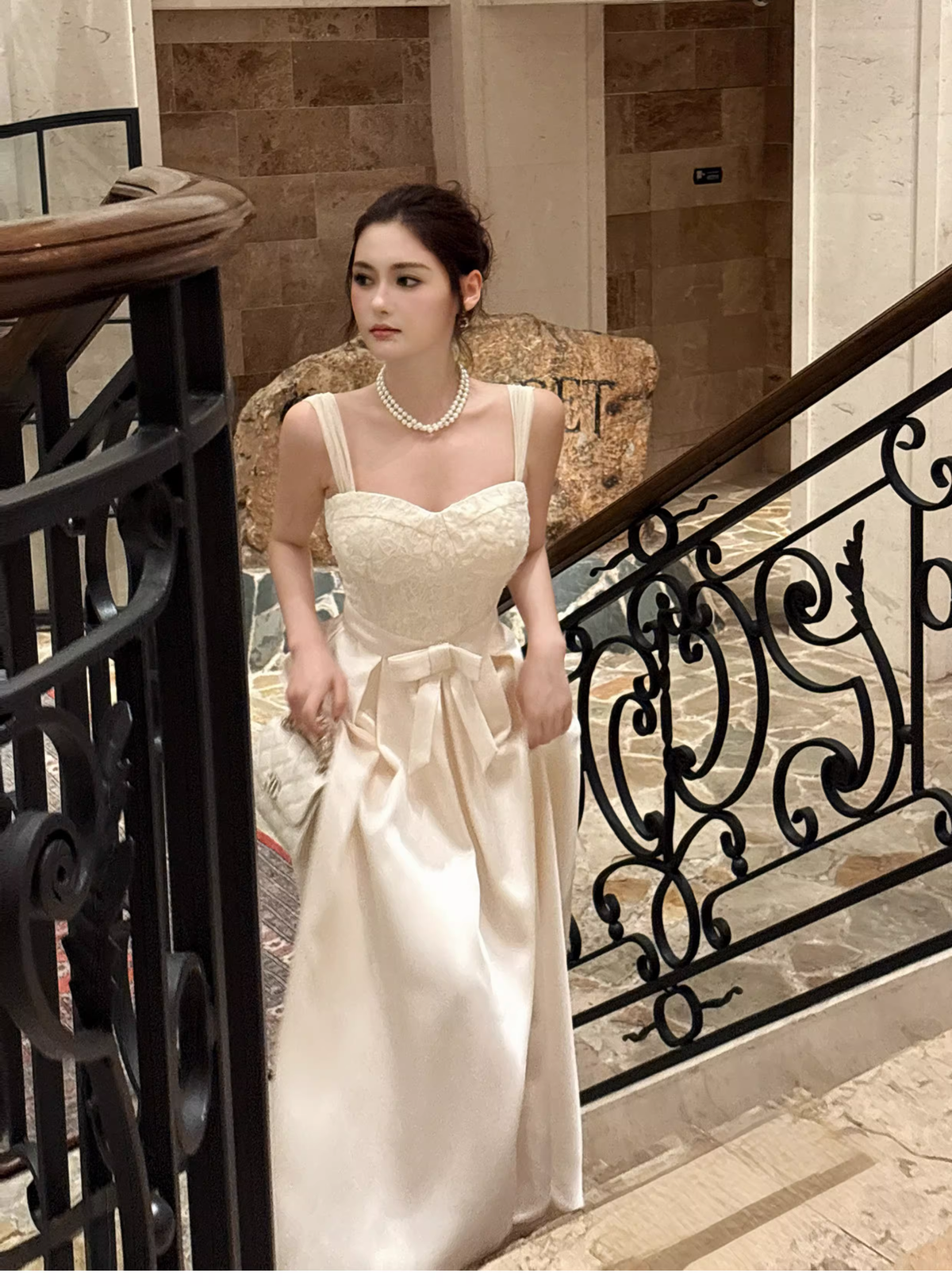 Pretty Bow Satin Lace A Line Long Evening Dress White Wedding Guest Dress SP1540