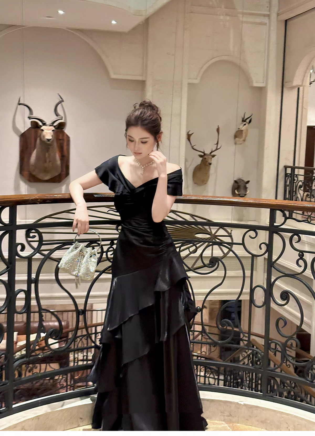 Gorgeous Off The Shoulder Satin Ruffles Layered Mermaid Long Party Dress Black Wedding Guest Dress SP1977