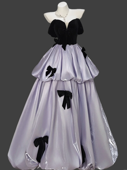 Charming Purple Ball Gown Off The Shoulder Satin Bow Long Birthday Party Dress Prom Gown
