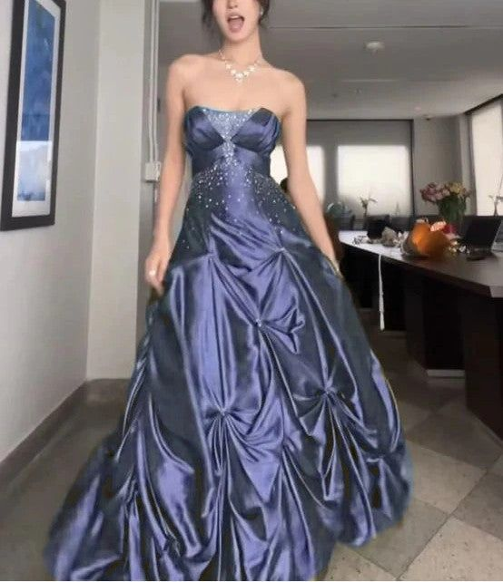 Retro Ball Gown Strapless Green Ruffles Satin Long Party Dress Prom Dresses
