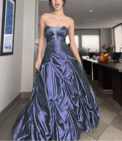 Retro Ball Gown Strapless Green Ruffles Satin Long Party Dress Prom Dresses
