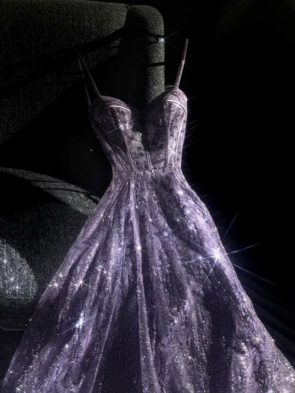 girlhomeshops--Purple gorgeous exquisite beaded long tulle prom dress ball gown romantic and dazzling girl gh5693