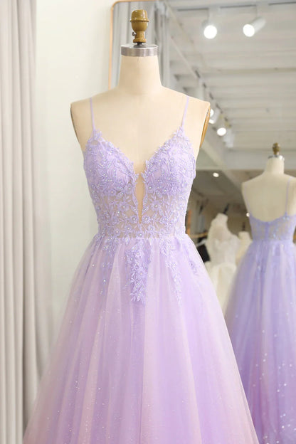 Sparkling gradient purple A-line sheer long applique ball dress