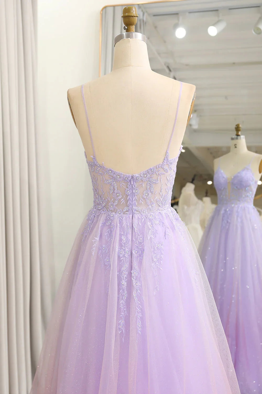 Sparkling gradient purple A-line sheer long applique ball dress