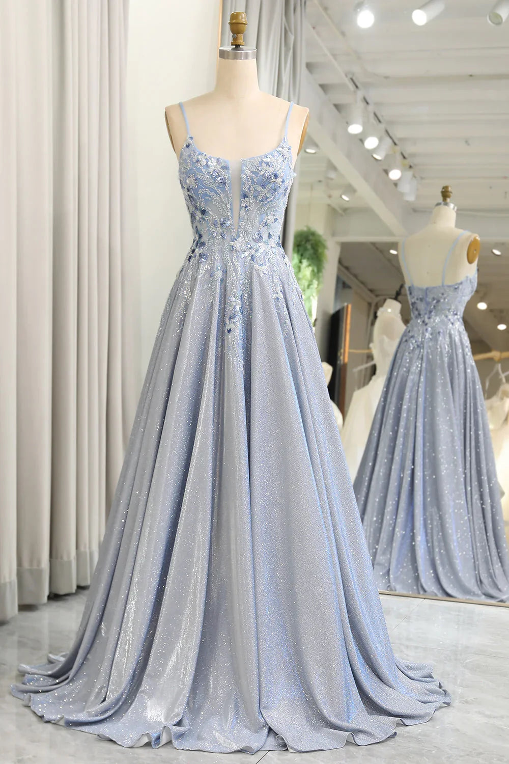 Glitter gray blue A-line thin shoulder strap decal long ball dress
