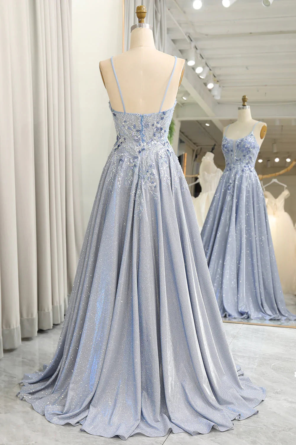 Glitter gray blue A-line thin shoulder strap decal long ball dress
