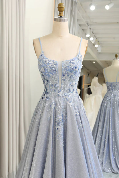 Glitter gray blue A-line thin shoulder strap decal long ball dress