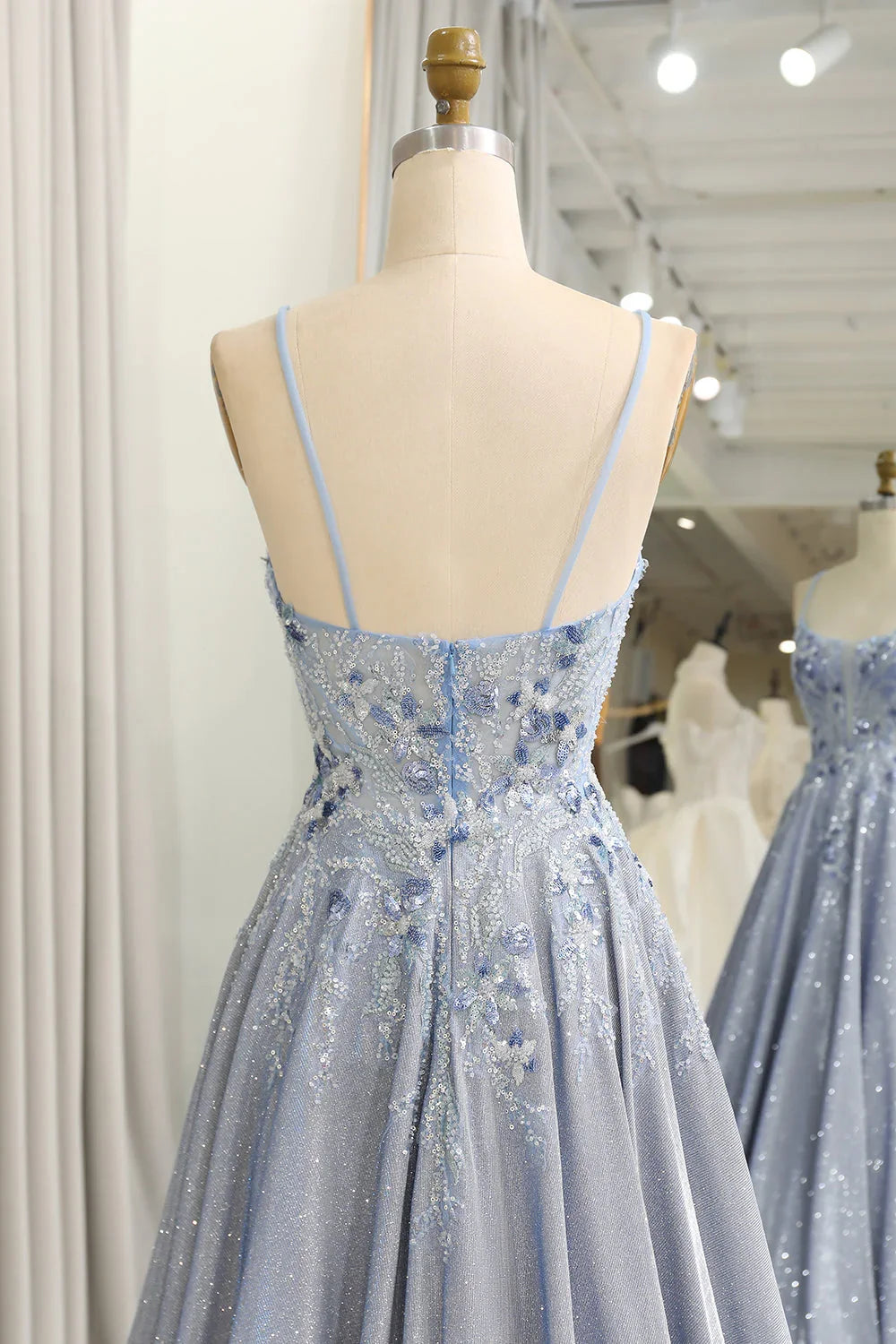 Glitter gray blue A-line thin shoulder strap decal long ball dress