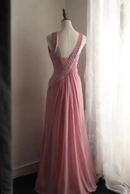 Fairy Pink Chiffon Sequin Beaded Mermaid Long Party Dress Birthday Evening Gown