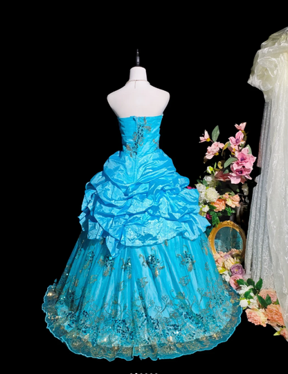 Gorgeous Strapless Quinceanera Dress Blue Satin Tulle Sequin Floral Ball Gown Sweet 16 Dress