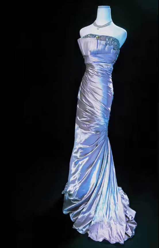 Elegant Purple Strapless Beaded Satin Pleated Mermaid Long Party Dress Prom Gown SP1851