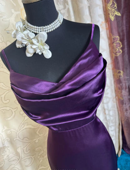 Stylish Spaghetti Straps Purple Satin Mermaid Long Evening Dress Birthday Dress SP1890