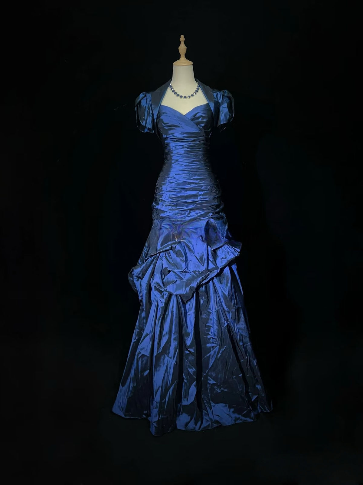 Vintage Blue Satin Pleated Mermaid Long Party Gown Formal Prom Dress
