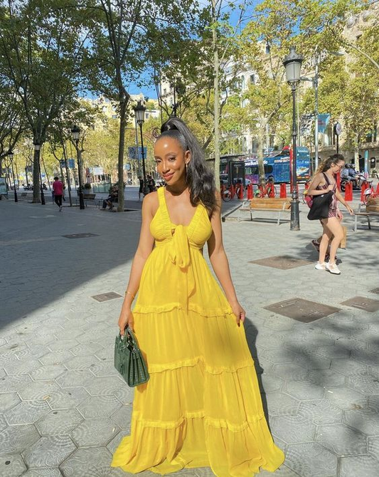Sexy Straps Yellow Long Chiffon Prom Dress A Line Party Gown  cc2407