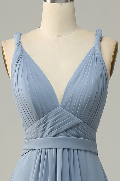 Grey blue deep V-neck A-line long bridesmaid dress