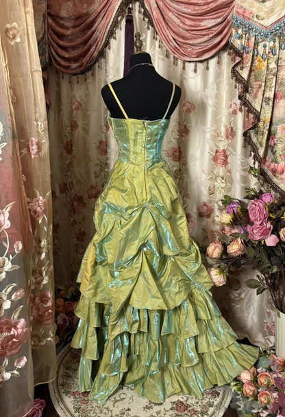 Vintage Green Satin Beaded Pleated A Line Prom Dress,Ball Gown cc2967