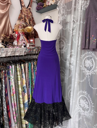 Elegant Halter V Neck Satin Lace Mermaid Long Evening Dress Purple Birthday Party Dress Prom Gown