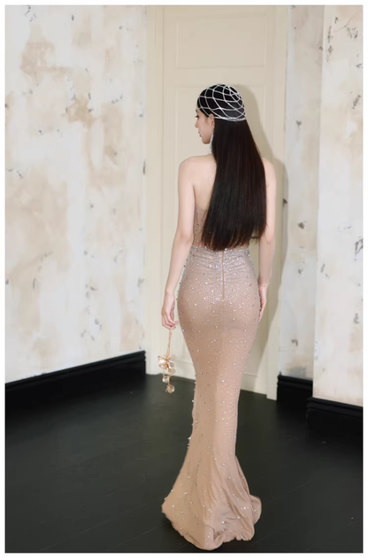 Sexy Strapless Chiffon Beaded Mermaid Long Evening Dress Party Gown