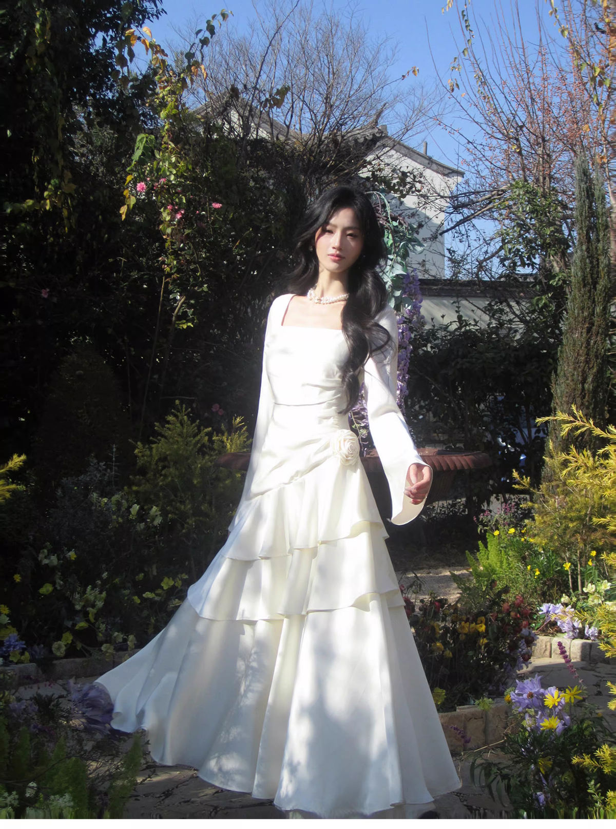Elegant White Square Neck Satin Layered Ruffles Mermaid Long Evening Dress Birthday Dress SP1646