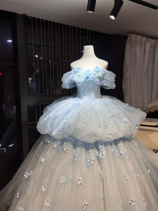 Elegant Off The Shoulder Blue Tulle Layered Appliques Ball Gown Sweet 16 Dress Quinceanera Dress