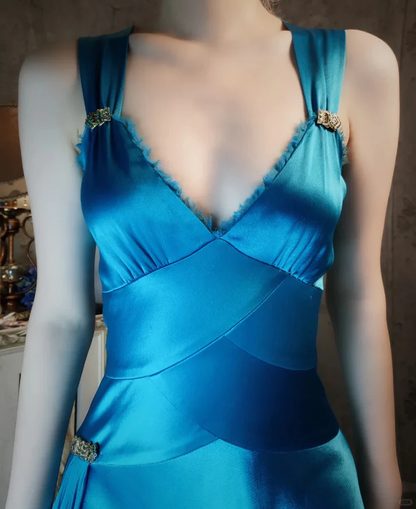 Vintage Blue V NecK Satin Mermaid Evening Dress Long Birthday Prom Gown