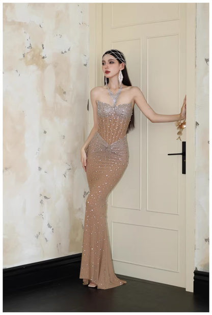 Sexy Strapless Chiffon Beaded Mermaid Long Evening Dress Party Gown