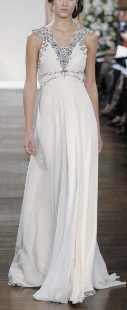 girlhomeshops-Cream Chiffon Sleeveless Floor-Length Beaded Evening Gown gh6309