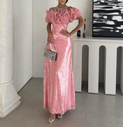 Shiny Off The Shoulder Sequin Mermaid Evening Dress Pink Long Party Gown