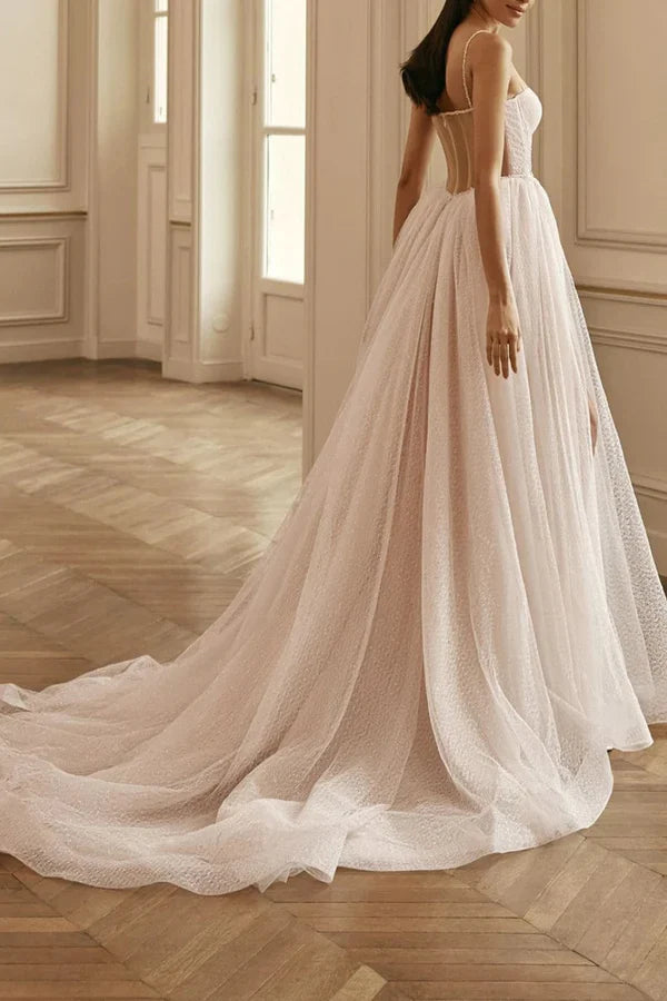 A-line thin shoulder strap decal high slit rural style wedding dress