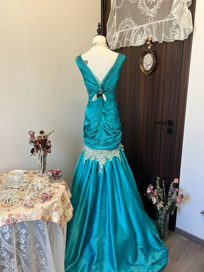 Retro V Neck Blue Satin Beaded Appliques Mermaid Party Dress Long Evening Dress SP1566
